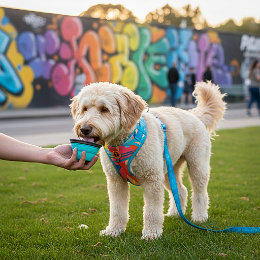 labradoodle bebendo água e usando Cão Durão Peitoral Air Mesh Neon